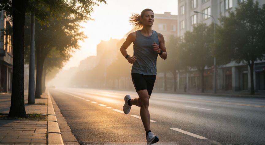 es mejor ir a correr en la mañana o en la tarde, Corredor profesional corriendo al amanecer en una calle urbana con luz dorada