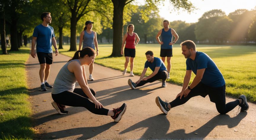 es mejor ir a correr en la mañana o en la tarde, Grupo de corredores estirándose en un parque por la tarde con luz cálida y sombras largas