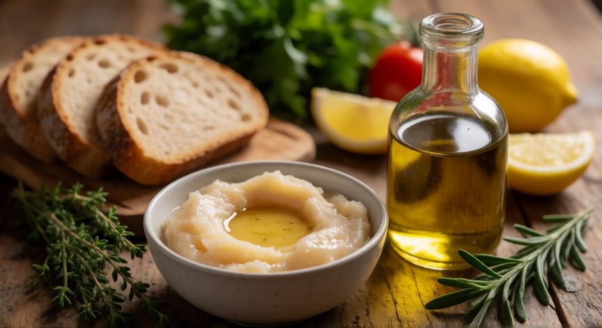 Comparación entre grasa animal y aceite vegetal sobre mesa de madera