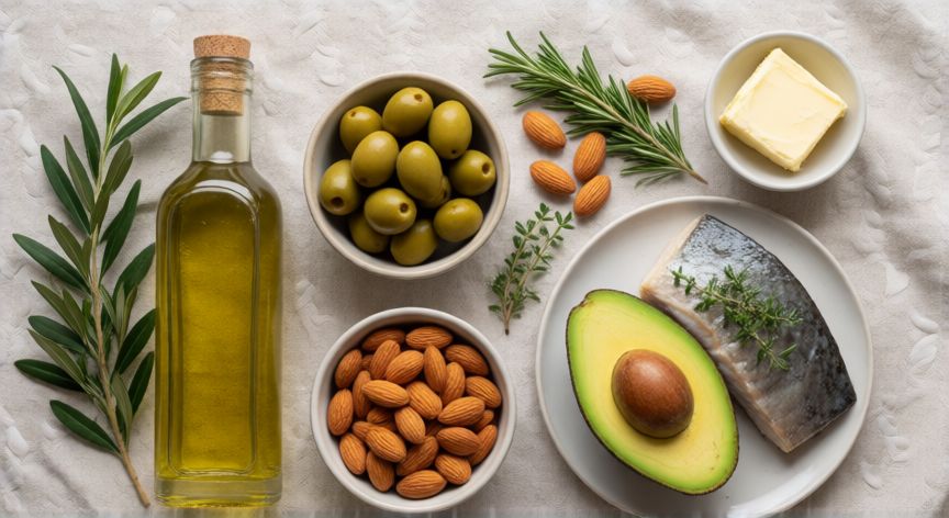 es mejor la grasa animal que el aceite vegetal, Composición de dieta mediterránea con aceite vegetal, frutos secos, pescado y aguacate