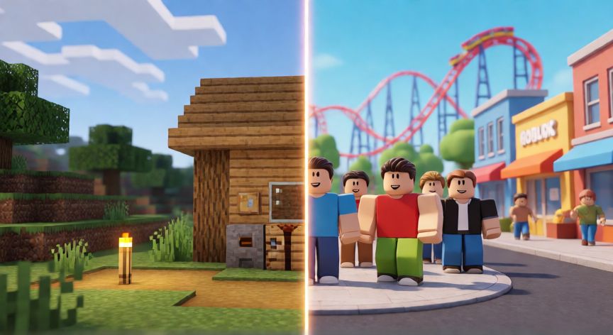 es mejor minecraft o roblox, Comparación visual entre un mundo de Minecraft y una ciudad de Roblox lado a lado