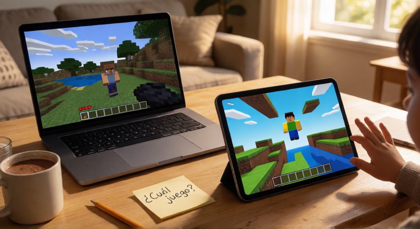 es mejor minecraft o roblox, Un niño eligiendo entre jugar Minecraft en el portátil y Roblox en la tableta sobre una mesa de cocina