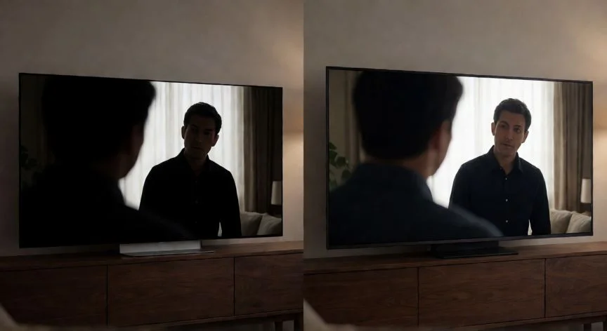 Comparativa visual entre un televisor OLED y un QLED mostrando diferencias de contraste