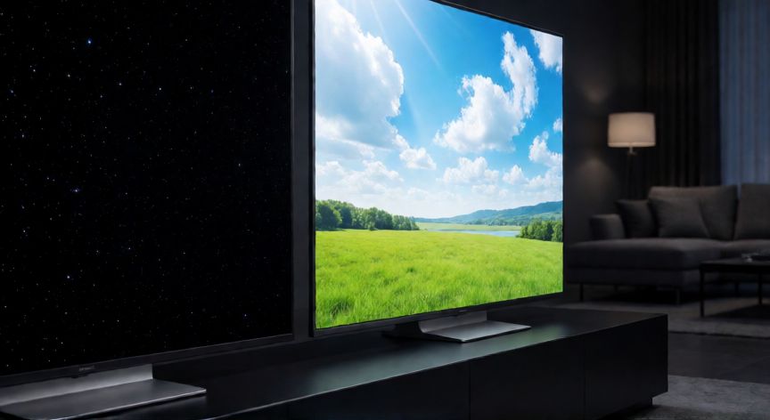 Comparativa de pantallas OLED y Mini-LED mostrando diferencias en contraste y brillo