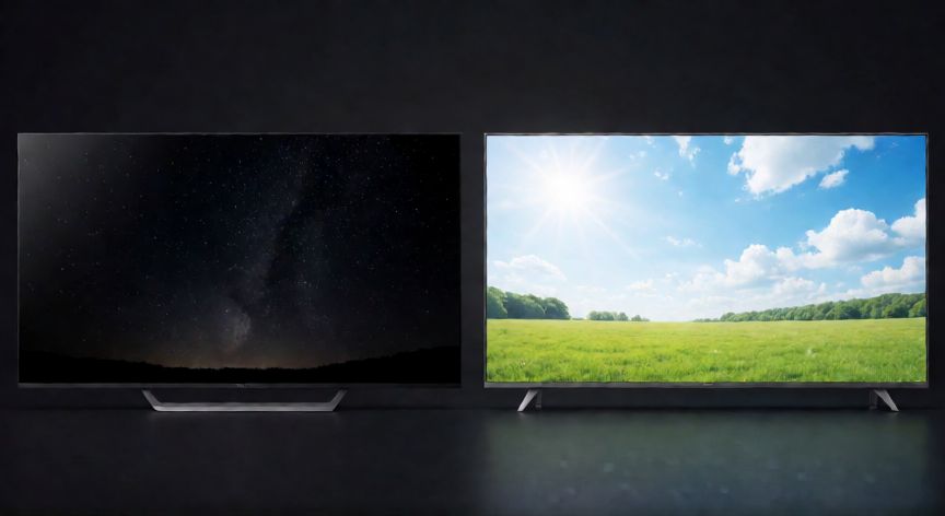 Comparativa visual entre pantalla OLED y QLED mostrando diferencias de contraste y brillo
