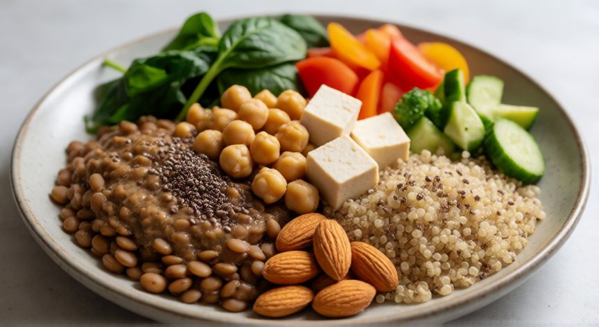 es mejor proteina animal o vegetal, Plato saludable con legumbres, tofu, quinoa, frutos secos y verduras ricas en proteína vegetal