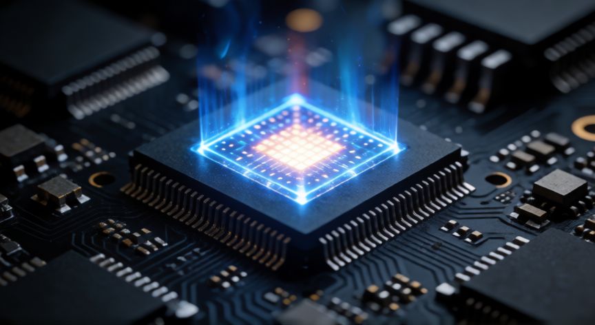 Detalle técnico de un panel OLED mostrando la emisión de luz azul y puntos cuánticos