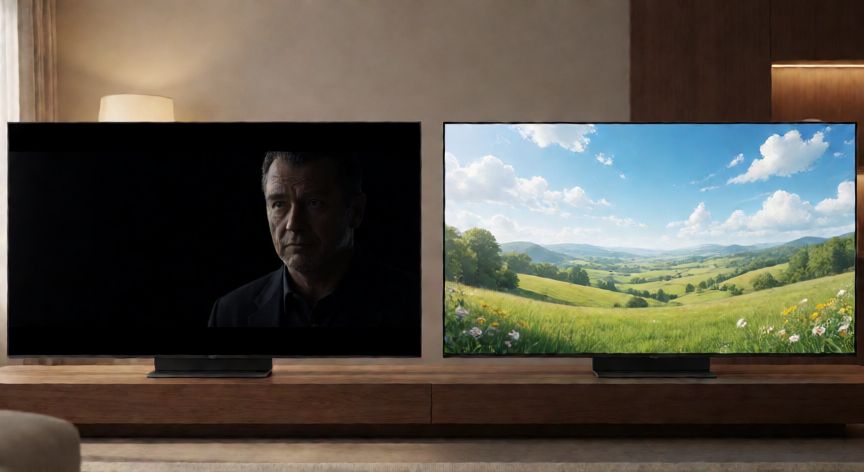 Comparativa visual de paneles OLED y QLED en un salón moderno
