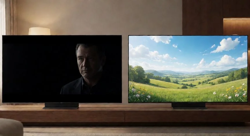 Comparativa visual de paneles OLED y QLED en un salón moderno