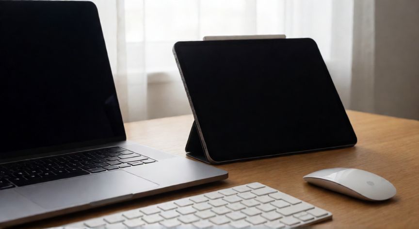 es mejor un ordenador o una tablet, Comparación visual de un ordenador portátil y una tablet sobre un escritorio moderno
