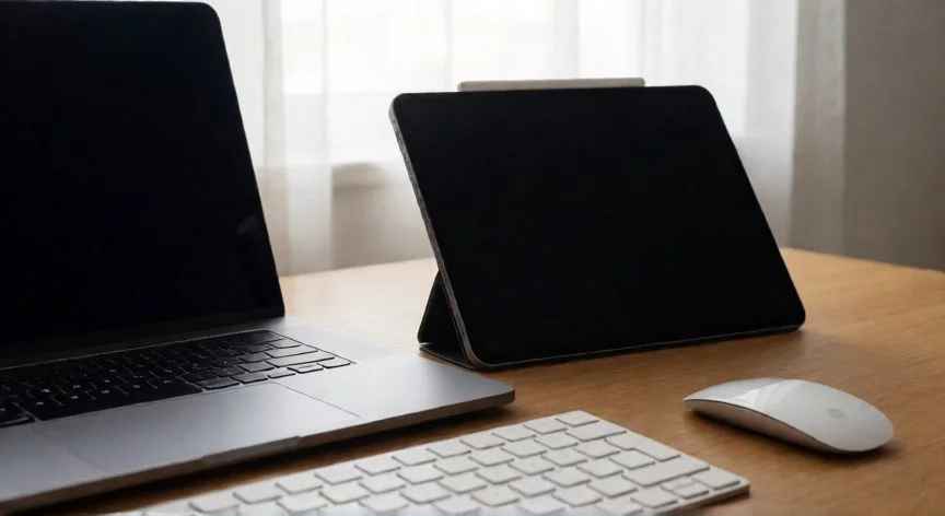Comparación visual de un ordenador portátil y una tablet sobre un escritorio moderno