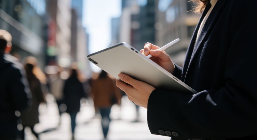 es mejor un ordenador o una tablet, Persona usando una tablet con lápiz digital mientras camina por la ciudad
