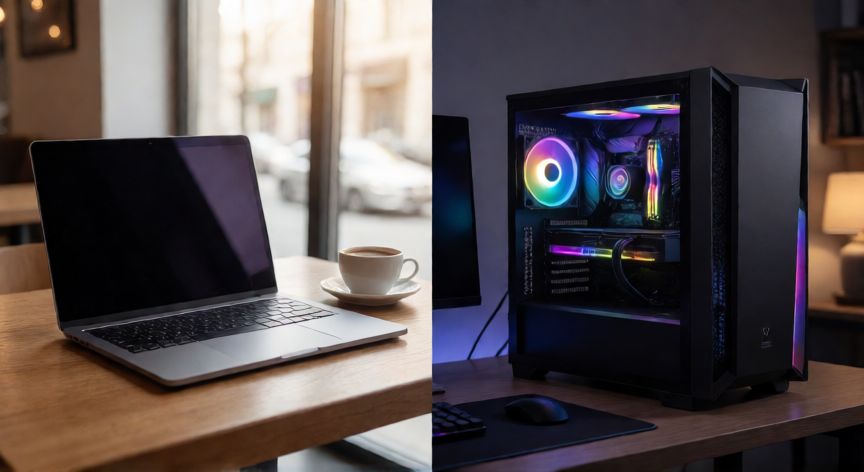 es mejor un ordenador portatil o uno de mesa, Comparación visual entre un ordenador portátil en una cafetería y un equipo de sobremesa en una oficina