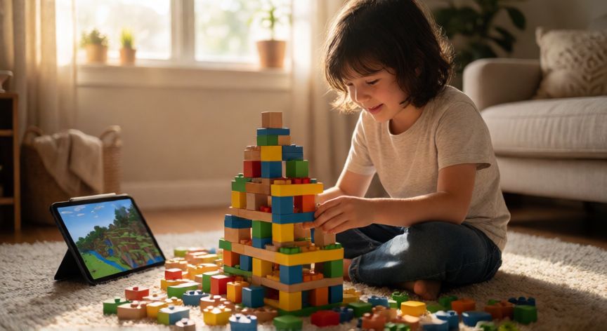 es minecraft bueno para los niños, Niño construyendo con bloques de madera inspirados en Minecraft mientras juega en casa