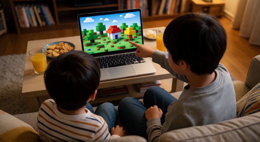 es minecraft bueno para los niños, Hermanos jugando a Minecraft juntos en el portátil del salón