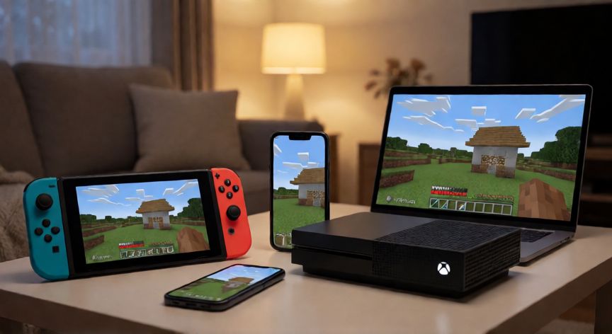 es minecraft crossplay, Dispositivos multiplataforma mostrando el mismo mundo de Minecraft en modo crossplay