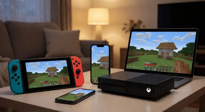 Dispositivos multiplataforma mostrando el mismo mundo de Minecraft en modo crossplay
