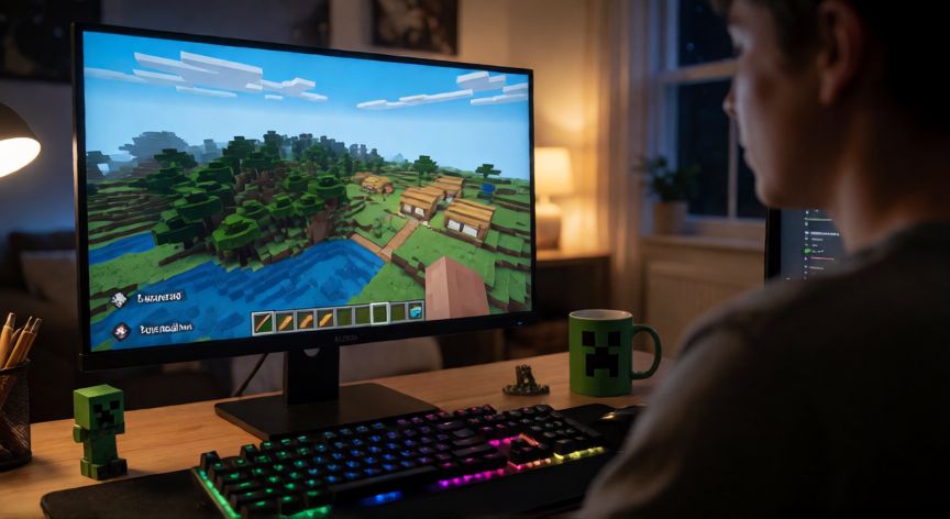 es minecraft el juego mas vendido de la historia, Persona jugando a Minecraft en un escritorio iluminado por la pantalla del monitor