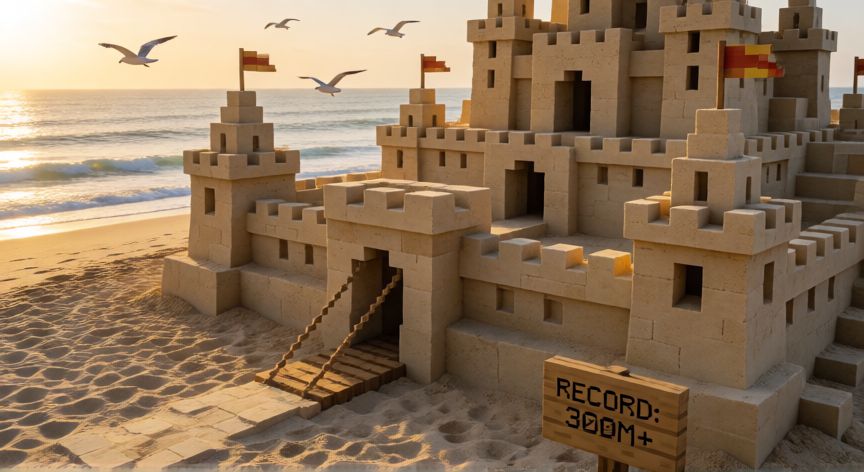 es minecraft el juego mas vendido de la historia, Castillo de arena estilo Minecraft en una playa al atardecer con letrero de 300 millones