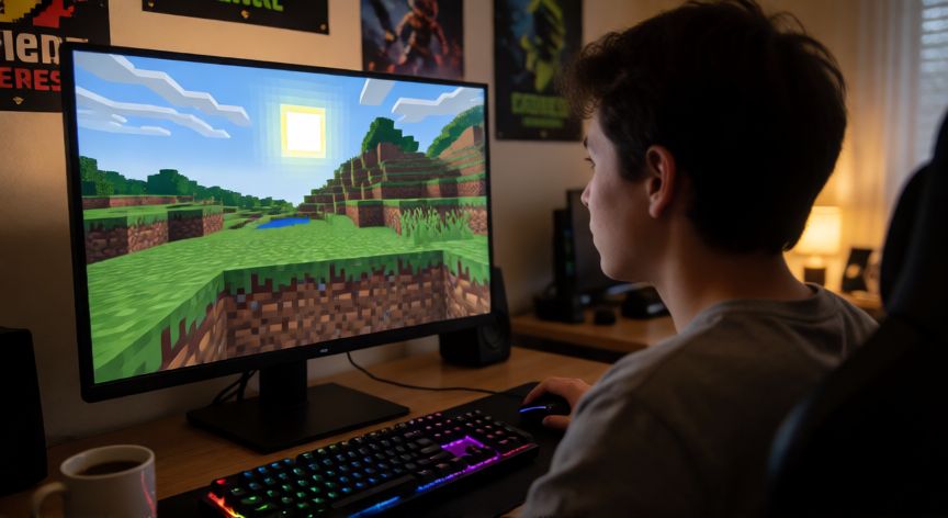 es minecraft el mejor juego de la historia, Persona jugando a Minecraft en un ordenador con iluminación ambiental cálida