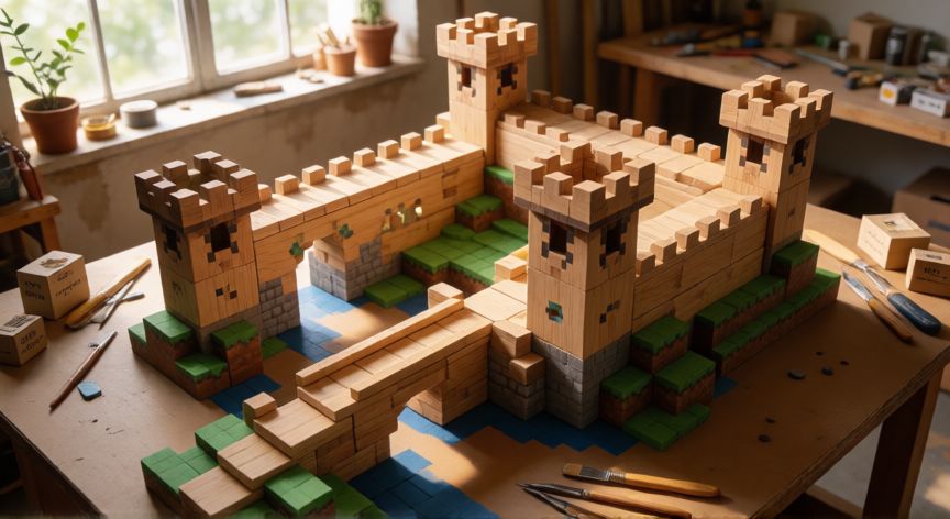 es minecraft el mejor juego de la historia, Reconstrucción física de una estructura de Minecraft realizada con bloques de madera sobre una mesa de trabajo