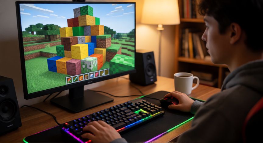 es minecraft gratis, Persona jugando Minecraft en un ordenador con iluminación cálida