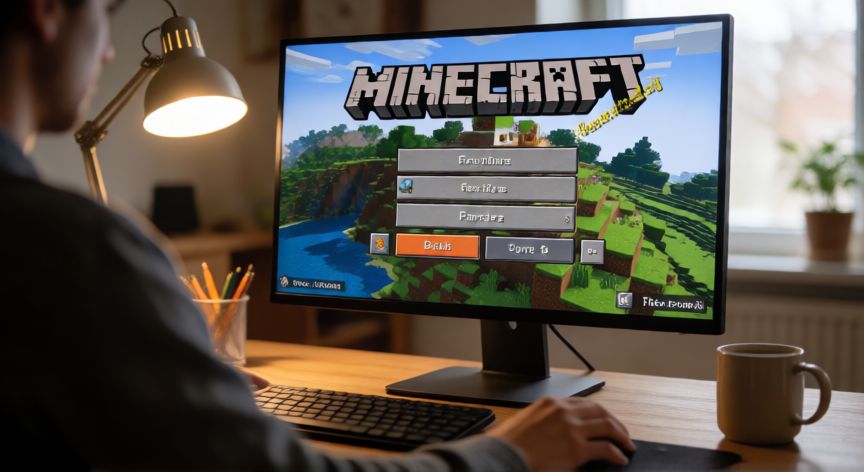es minecraft gratis en pc, Persona jugando Minecraft en PC en su escritorio con monitor mostrando el menú principal del juego