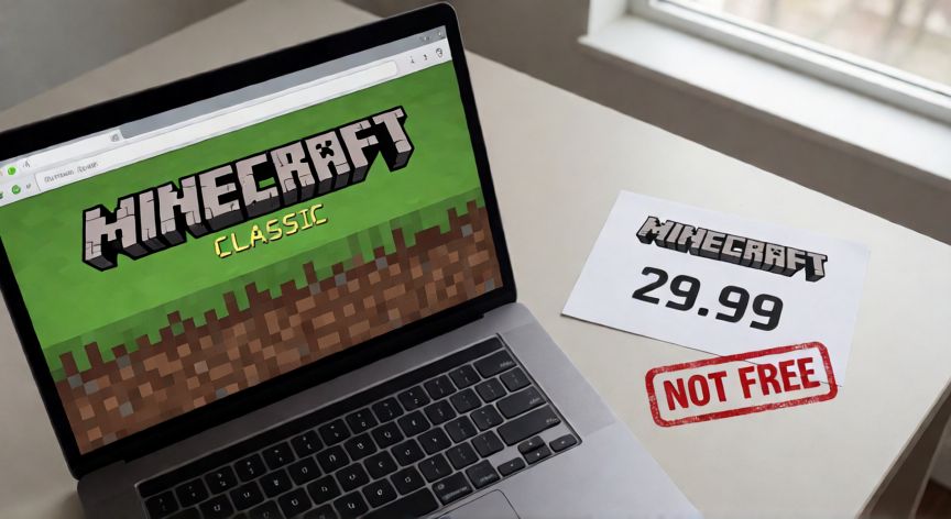 es minecraft gratis en pc, Vista cenital de un portátil mostrando Minecraft Classic junto a una etiqueta de precio de 29.99 con sello de no gratuito
