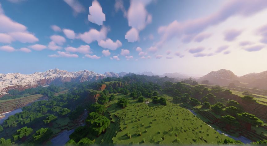 es minecraft infinito, Vista panorámica del vasto mundo procedural de Minecraft con colinas, bosques y montañas hasta el horizonte