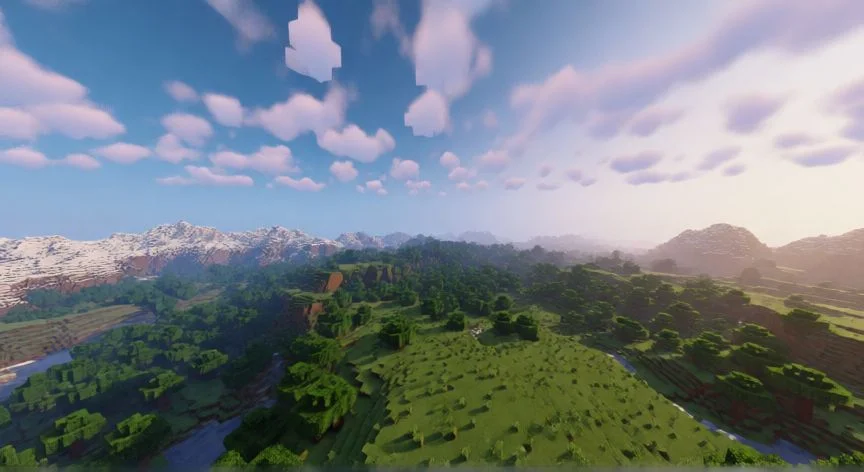 Vista panorámica del vasto mundo procedural de Minecraft con colinas, bosques y montañas hasta el horizonte