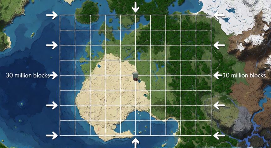 es minecraft infinito, Vista cenital del mapa de chunks del mundo de Minecraft mostrando el jugador en el centro y los límites a 30 millones de bloques