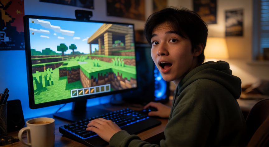 es minecraft malo, Jugador frente a su ordenador jugando Minecraft en una habitación con luz tenue