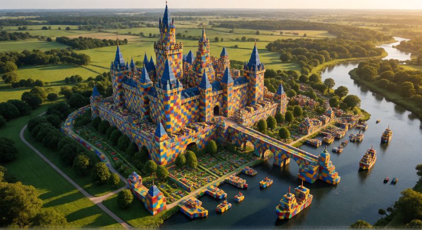 es minecraft malo, Construcción monumental estilo Minecraft vista aérea en un paisaje de bloques