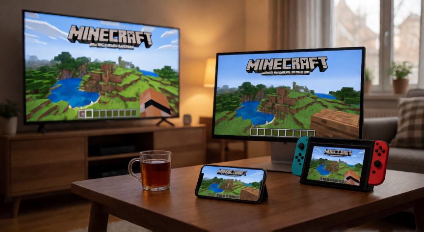 es minecraft multiplataforma, Varios dispositivos en una sala de estar mostrando Minecraft en distintas plataformas simultáneamente
