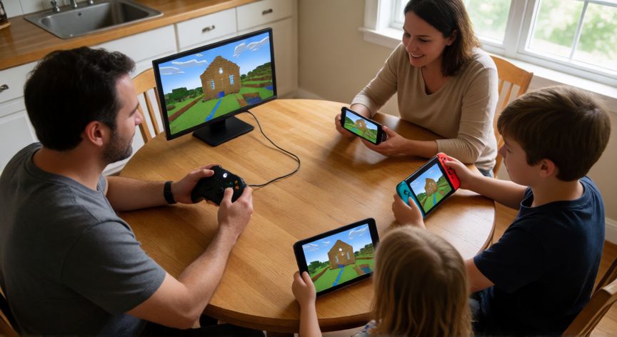 es minecraft multiplataforma, Familia jugando Minecraft juntos en la mesa con consola, móvil, Switch y tablet