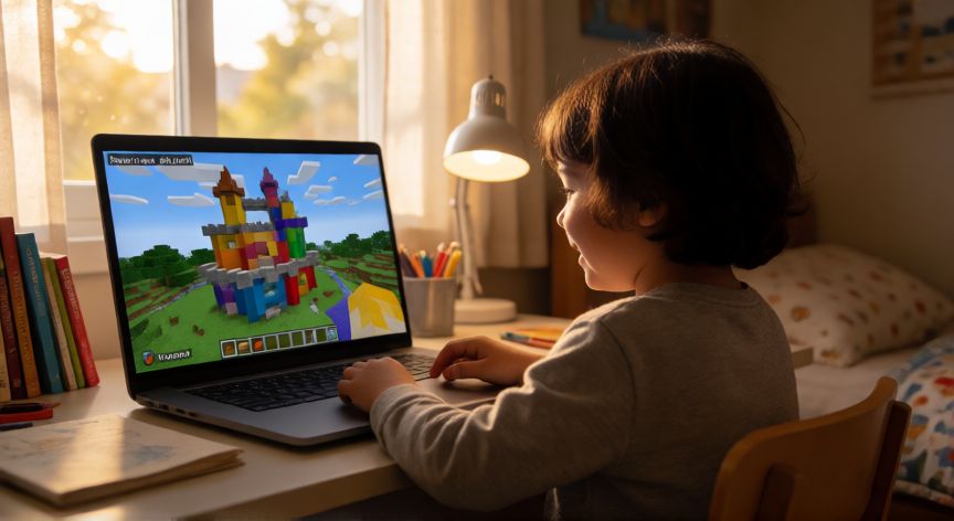 es minecraft un juego para niños, Niño jugando Minecraft en modo creativo construyendo un castillo de bloques en su ordenador
