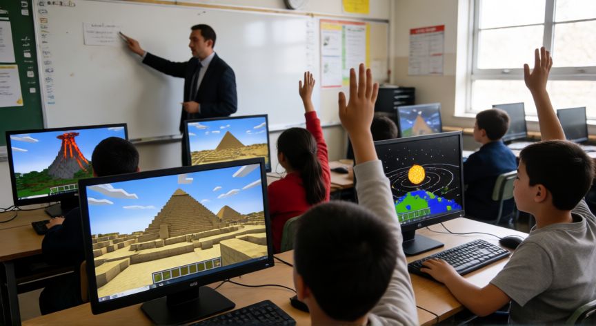 es minecraft un juego para niños, Aula escolar donde alumnos usan Minecraft Education Edition para aprender ciencias e historia