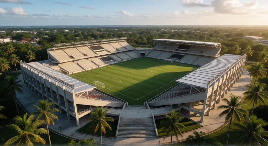 estadio que hicieron los chinos en costa rica, Vista aérea de un estadio de fútbol en un país centroamericano con vegetación tropical