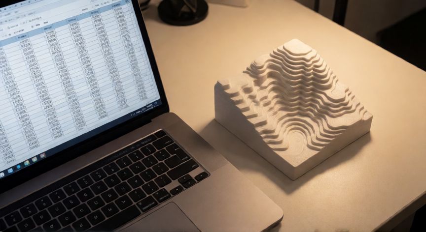 excel en 3d, Objeto impreso en 3D junto a una laptop con hoja de cálculo mostrando datos para el modelo tridimensional