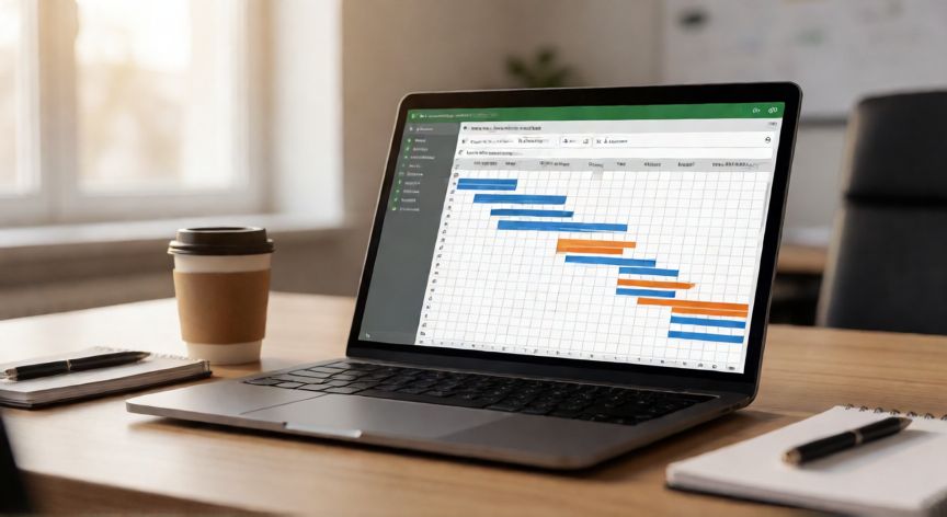 Ordenador portátil en escritorio mostrando un diagrama de Gantt en Excel con barras de color por tarea