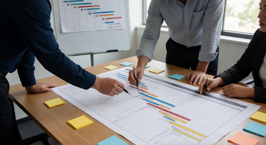 excel en gantt, Equipo revisando un diagrama de Gantt impreso en reunión de proyecto