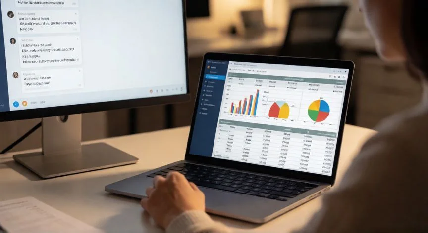 Persona trabajando en Excel con Gemini generando fórmulas en un segundo monitor