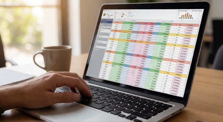 Persona usando una hoja de cálculo en el navegador con gráficos de datos visibles en pantalla