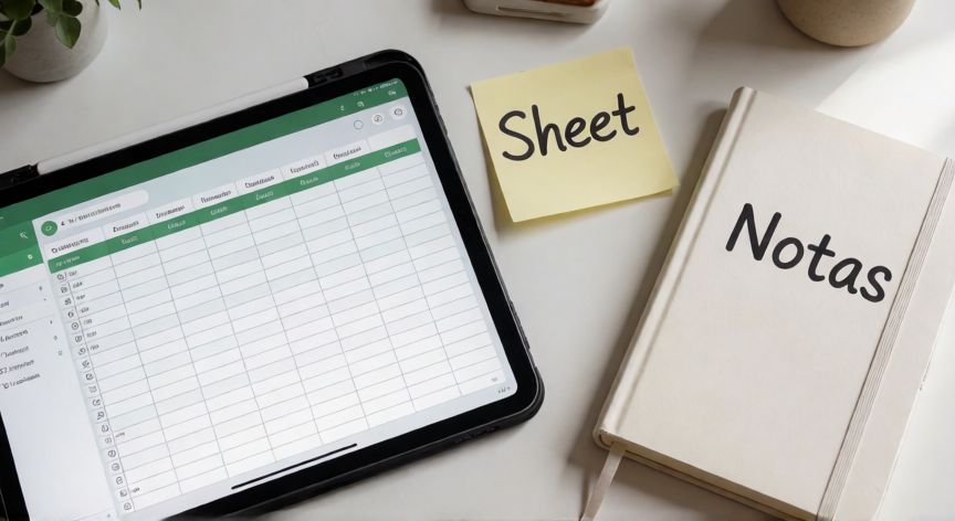 excel en google, Vista cenital de un escritorio con tablet mostrando una hoja de cálculo y notas adhesivas