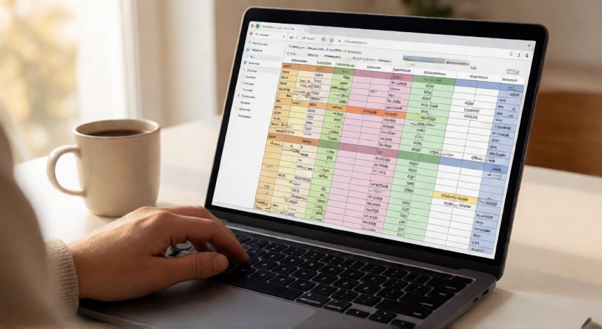 Persona trabajando con una hoja de cálculo en Google Sheets en un portátil, con tablas de datos y gráficas visibles en pantalla