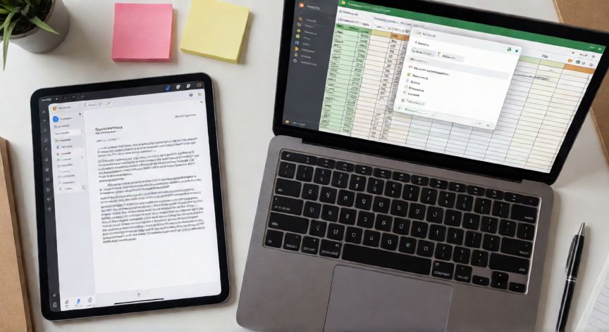 excel en google docs, Vista cenital de un escritorio con documentos en Google Docs y una hoja de cálculo en Google Sheets, representando el flujo de trabajo integrado