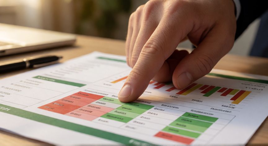 excel en hoja de calculo, Dashboard de Excel impreso con formato condicional y gráficas de KPIs sobre un escritorio de oficina