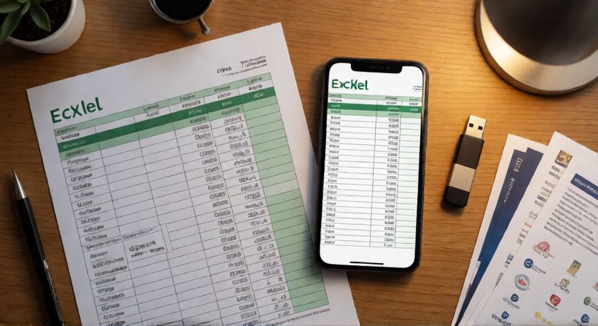 excel en imagen, Hoja de Excel impresa junto a un móvil mostrando la tabla convertida en imagen PNG