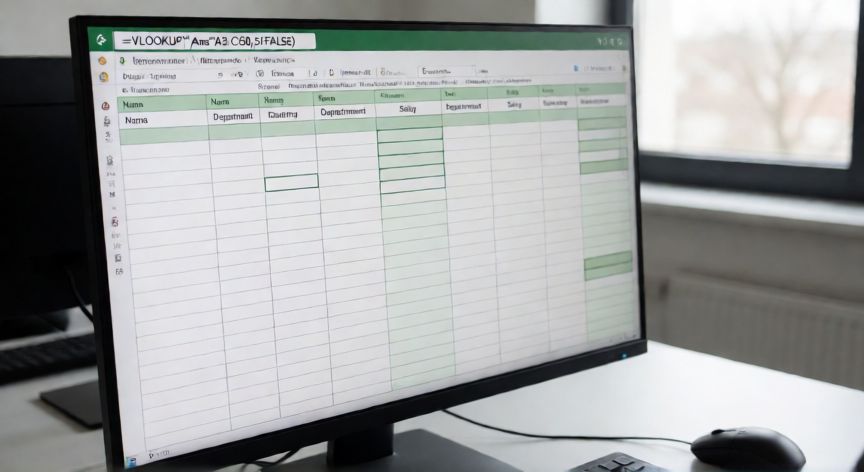 excel en ingles buscarv, Hojá de cálculo de Excel mostrando la fórmula VLOOKUP en la barra de fórmulas sobre una tabla de empleados