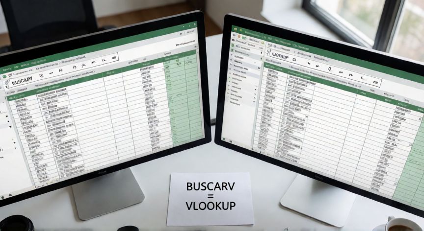 excel en ingles buscarv, Dos monitores con Excel en español (BUSCARV) e inglés (VLOOKUP) lado a lado sobre un escritorio de oficina